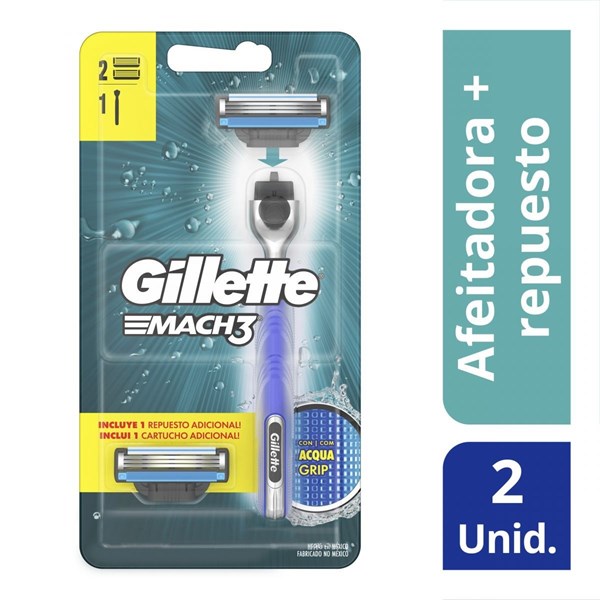 Gillette Kit Máquina Para Afeitar 3 mach Recargable + 2 Cartuchos