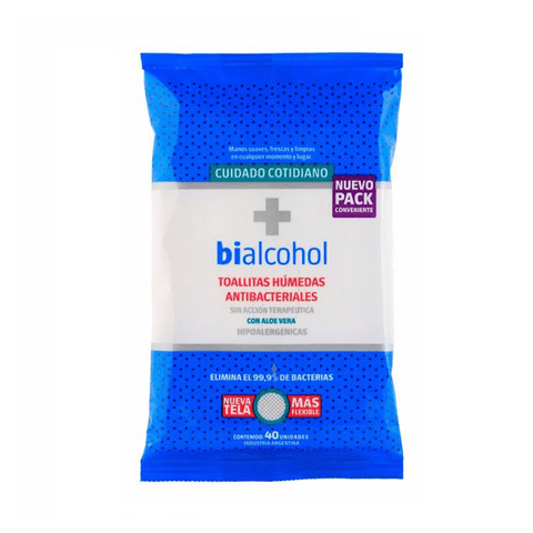 Bialcohol Toallas Húmedas Antibacteriales Con Aloe Vera x 40 un