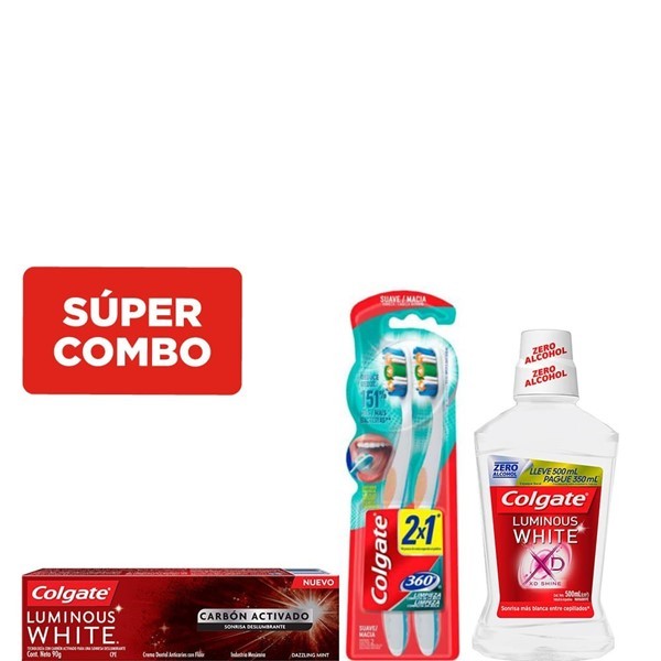Combo Colgate  crema Dental Luminous White  90 g + Enjuague Bucal Luminous White x 500 ml + Cepillo Dental  360º Suave x 2 un #1