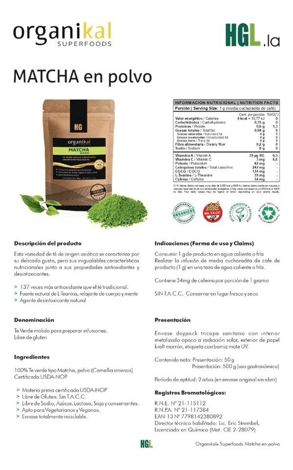 Te Verde Matcha en Polvo Organikal Hgl 50 g alt