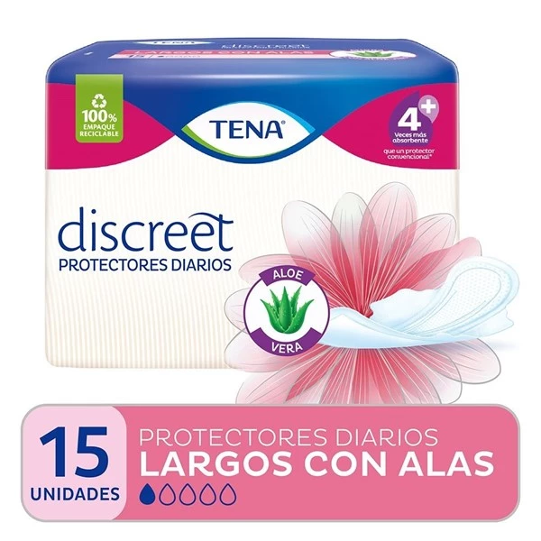Tena Protector Diario Discreet Largos Con Alas (15 Unidades)
