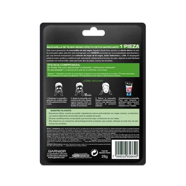 Garnier Skin Active Mascarilla en Tela Pure Carbon x1 Unidad alt