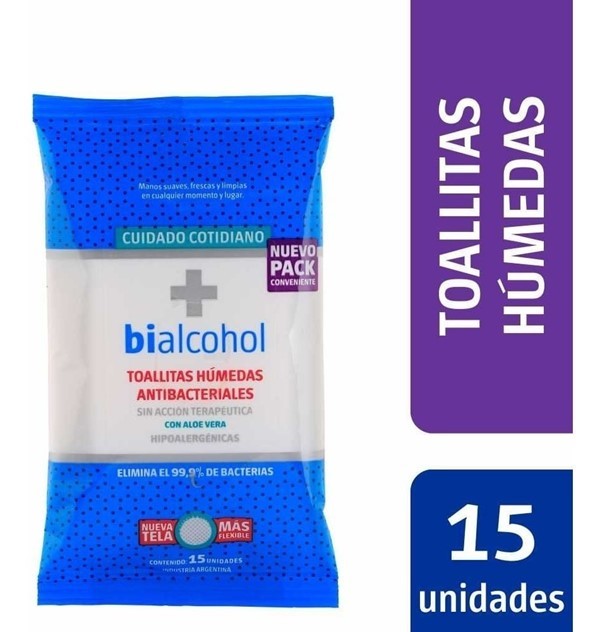 Bialcohol Toallas Húmedas Antibacteriales Con Aloe Vera x 15 un alt