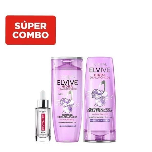 L'oreal París Combo Elvive Hidra Hialurónico Shampoo x 400 ml + Acondicionador x 400 ml + Sérum Rellenador x 30 ml #1