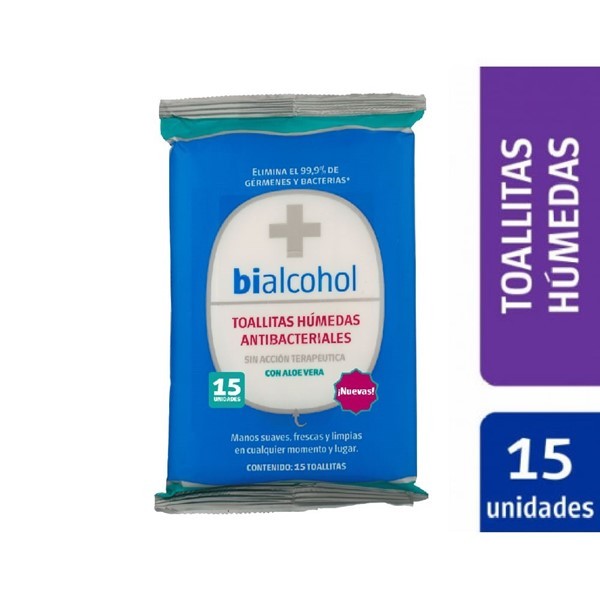 Bialcohol Toallas Húmedas Antibacteriales Con Aloe Vera x 15 un
