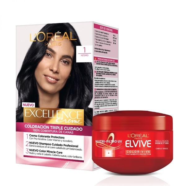 Loreal Paris Combo Tintura Excellence Tono 1 negro + Crema Tratamiento Elvive Color-Vive #1