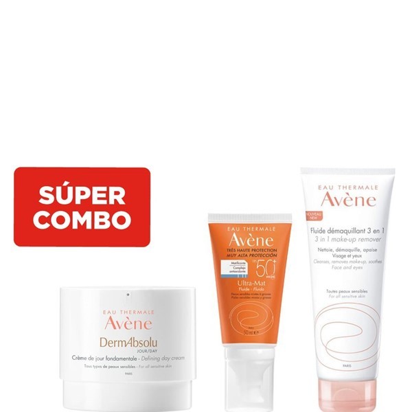 Combo Avene Desmaquillante 3 en 1 x 200 ml + Crema Esencial Anti-Edad Dermabsolu Day x 40 ml + Protector Solar Fluido Ultra-Mat Fps 50 x 50 ml