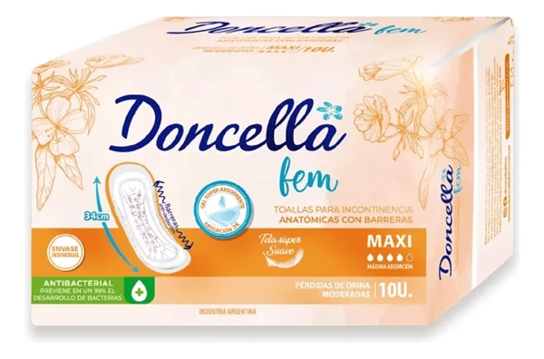 Aposito Incontinencia Fuerte Doncella Maxi 34 cm 10 Unidades Talle Unico