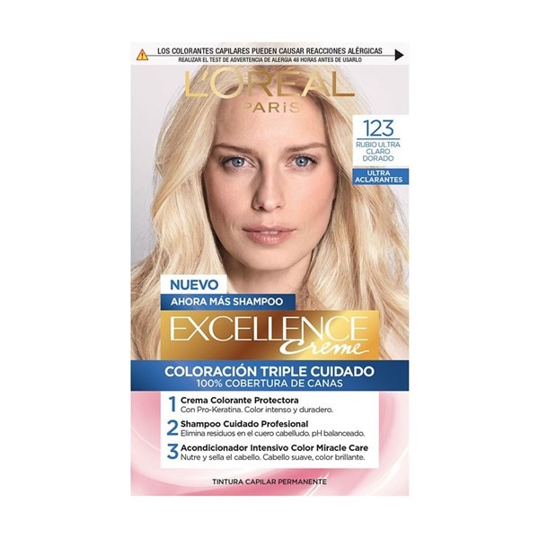 Kit Tintura Excellence Creme Triple Cuidado x 47 g Color 123 Rubio Ultra Claro Dorado #1