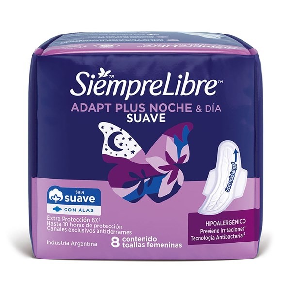 Toallas Femeninas Siempre Libre Adapt Plus Noche Y Día Suave Con Alas x 8 un