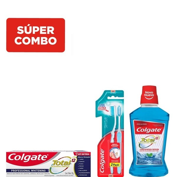 Combo Colgate Total 12 crema Dental Professional Whitening + Enjuague Bucal Clean Mint + Cepillo Dental Slim Soft #1
