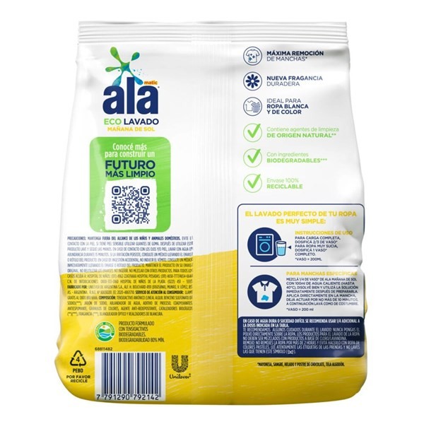 Jabón En Polvo Ala Matic Mañana De Sol Con Perlas Suavizantes 800 G alt