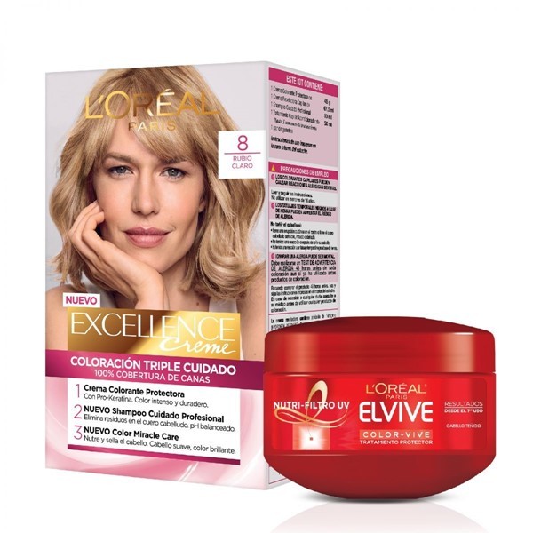 Loreal Paris Combo Tintura Excellence Tono 9 Rubio Muy Claro + Crema Tratamiento Elvive Colorvive #1