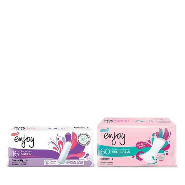 Tampones Biodegradables Enjoy Súper Flujo Intenso x 16 un + Protectores Diarios Enjoy Respirable x 60 un