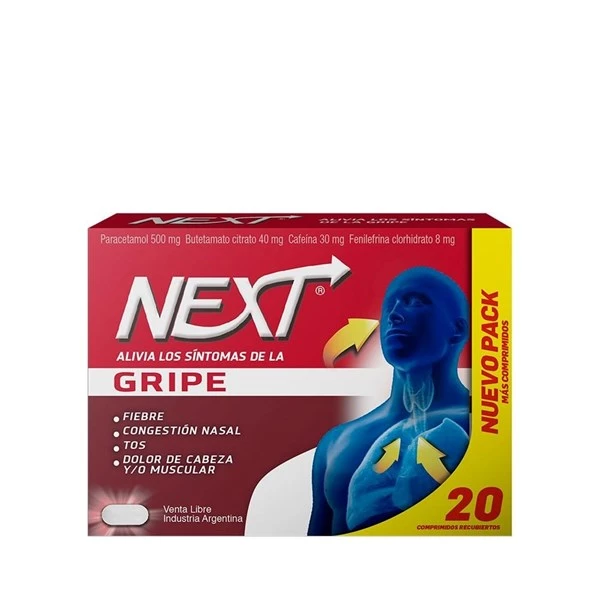 Next Gripe | 20 comprimidos | Paracetamol + Fenilefrina + Butetamato + Cafeína