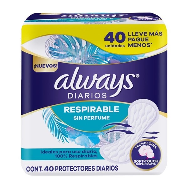 Always Protectores Diarios Respirables Sin Perfume (40 Unidades) alt