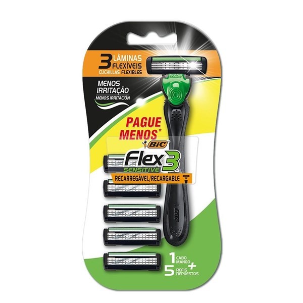 Bic Maquina de Afeitar Flex 3 Hybrid Sensitive Men 1 Maq x 5 Repuestos #1