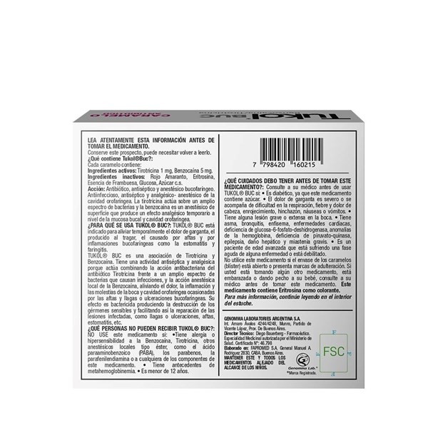 Tukol Buc | Caramelos Antibióticos 9 unidades| Sabor Frambuesa | Benzocaía + Tirotricina alt