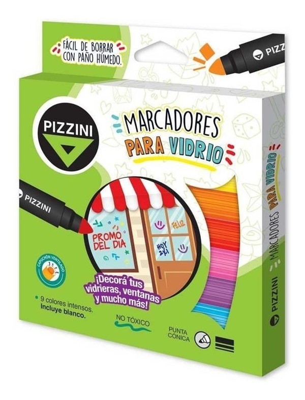 Pizzini Marcadores Para Vidrio 9 colores Incluye Blanco
