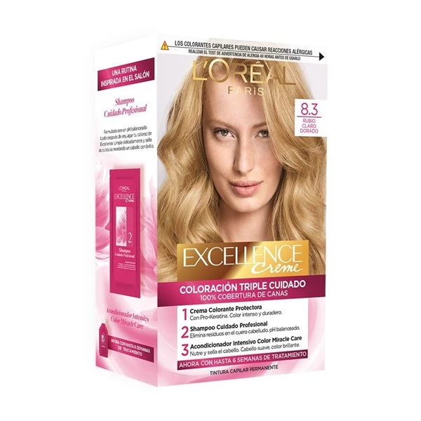 Kit Tintura Excellence Creme Triple Cuidado x 47 g Color 8 3 Rubio Claro Dorado