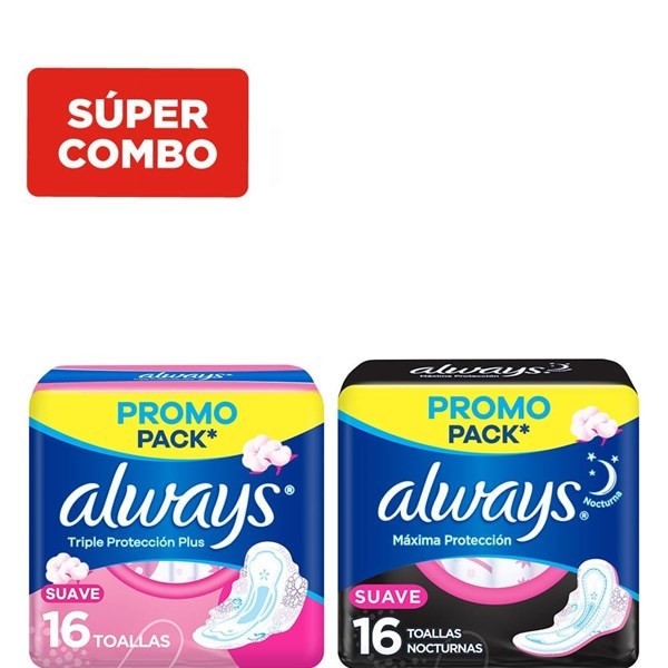 Combo Always Toallas Femeninas Triple Protección Día Suave x 16 un + Toallas Femeninas Máxima Protección Noche Suave x 16 un #1