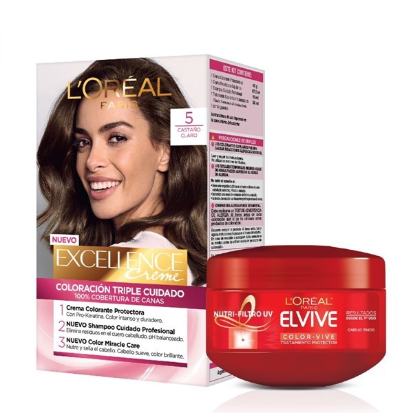 Loreal Paris Combo Tintura Excellence Tono 5 Castaño Claro + Crema Tratamiento Elvive Colorvive #1