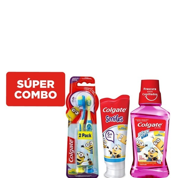 Combo 	Colgate Enjuague Bucal Plax Minions x 250 ml + Cepillo Smiles  6+ Minions x 2 un + Pasta Dental Smiles Minions 6+ x 75 ml #1