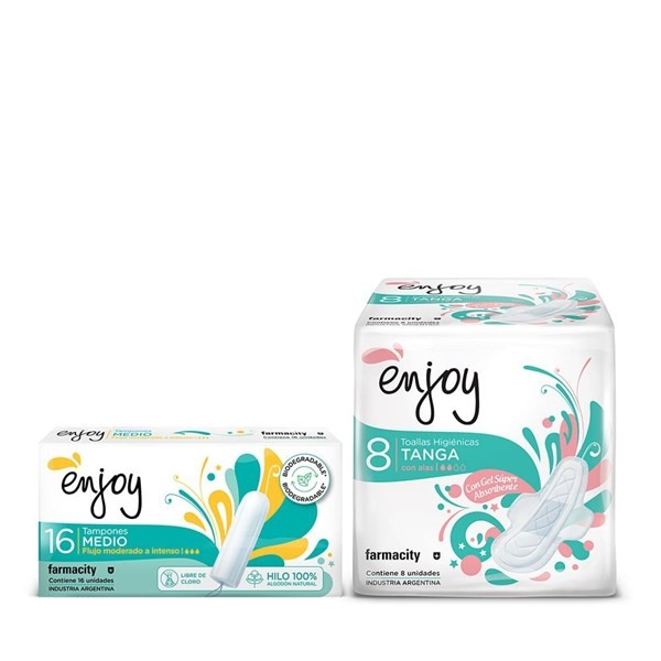 Tampones Biodegradables Enjoy Medio x 16 un + Toallas Femeninas Tanga Con Alas x 8 un