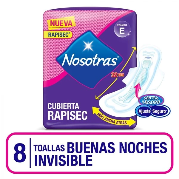 Nosotras Toallas Buenas Noches Invisible Rapisec (8 Unidades)