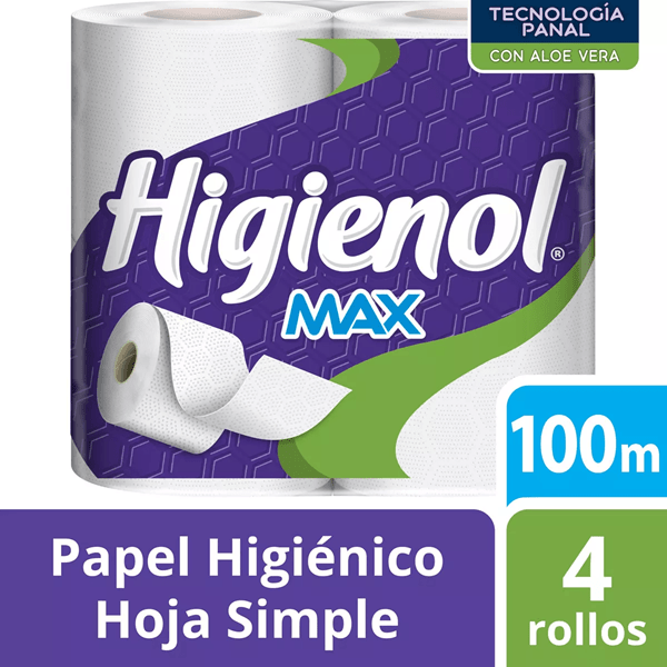 Higienol Papel Higienico Max 100 mts x 4 Unidades Con Aloe Vera. #1