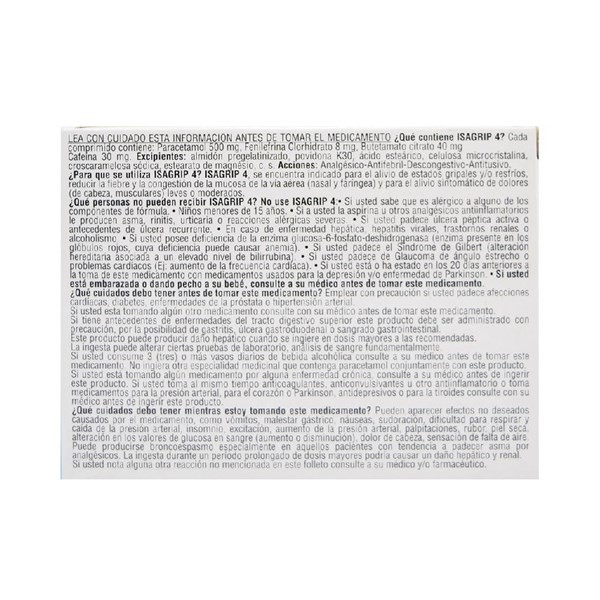 Isagrip 4 | 10 comprimidos | Fenilefrina + Paracetamol + Butetamato alt