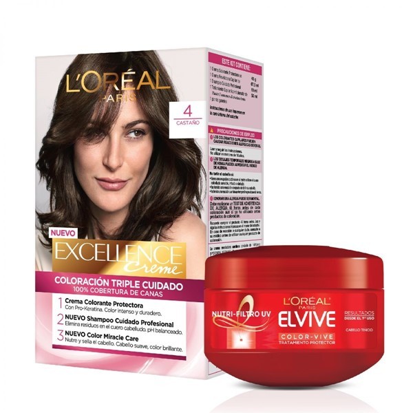 Loreal Paris Combo Tintura Excellence Tono 4 Castaño + Crema Tratamiento Elvive Color-Vive #1