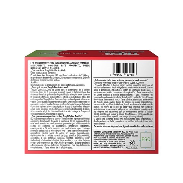 Treg Doble Accion Omeprazol 20 Mg + Bicarbonato de Sodio 1100 Mg x 14 Caps alt