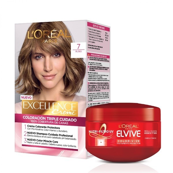 Loreal Paris Combo Tintura Excellence Tono 7 Rubio + Crema Tratamiento Elvive Color-Vive #1