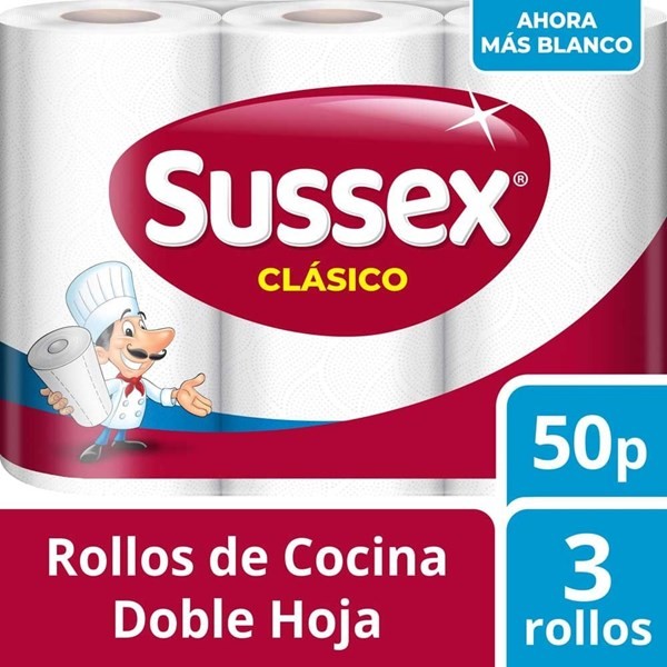 Rollo de Cocina Sussex Clásico Más Blanco 50 Paños  X3