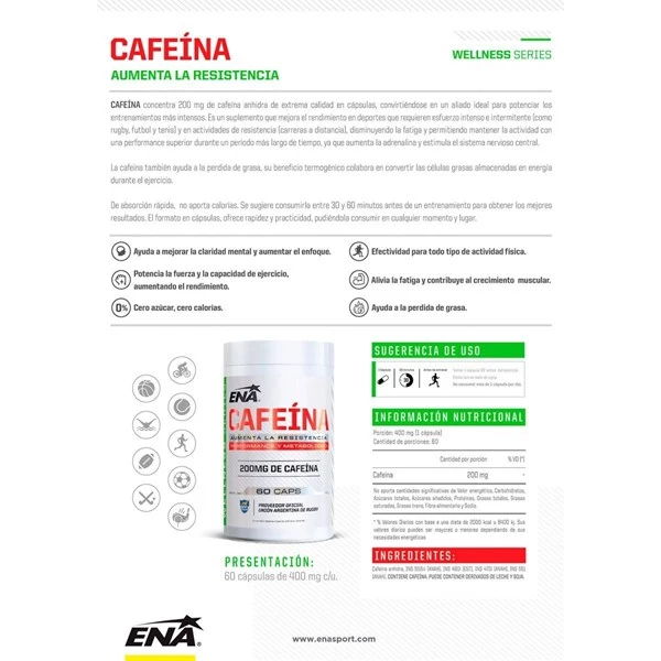 Ena Suplemento Deportivo Cafeína 200 mg (60 Cápsulas) alt