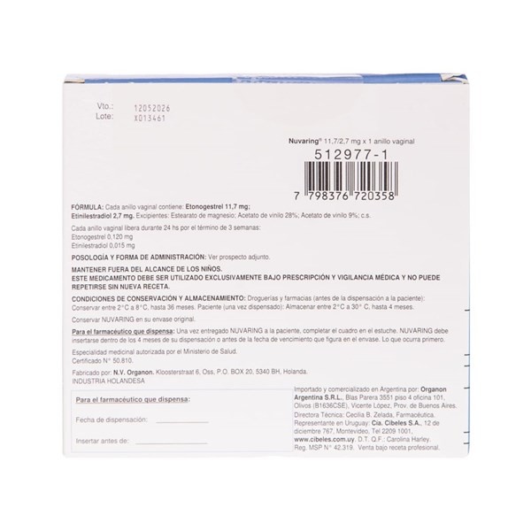 Organon Arg Nuvaring Etonogestrel + Etinilestradiol Anillo Vaginal x 1 Sobre #1