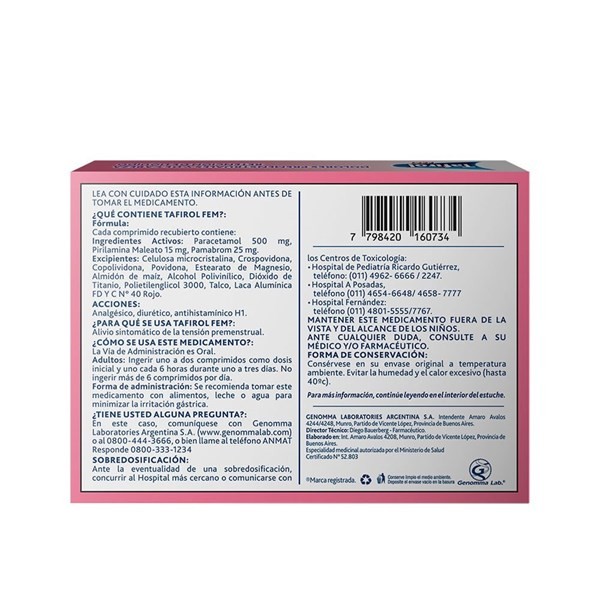 Tafirol Fem | 10 comprimidos recubiertos | Paracetamol + Pirilamina alt