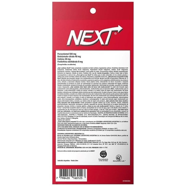 Next | Blíster x 200 comprimidos | Paracetamol  + Fenilefrina + Butetamato + Cafeína 30mg alt