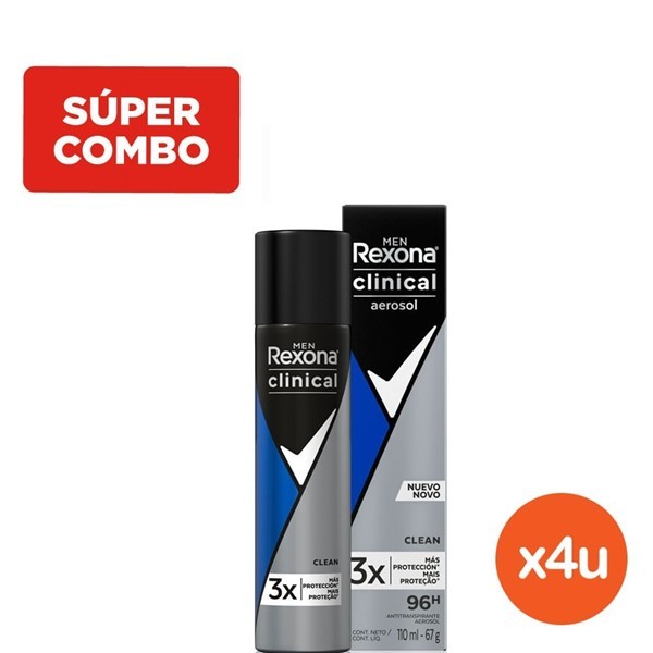 Combo Desodorante Antitranspirante Rexona Clinical Men Clean en Aerosol x 4 un x 110 ml C/U #1