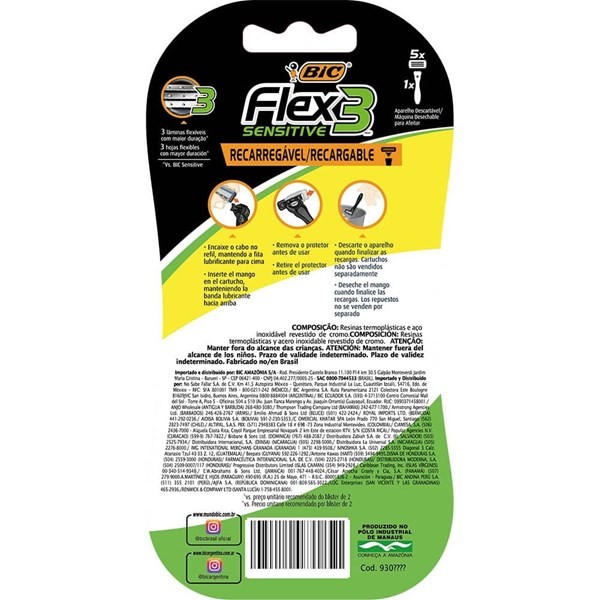 Bic Maquina de Afeitar Flex 3 Hybrid Sensitive Men 1 Maq x 5 Repuestos alt