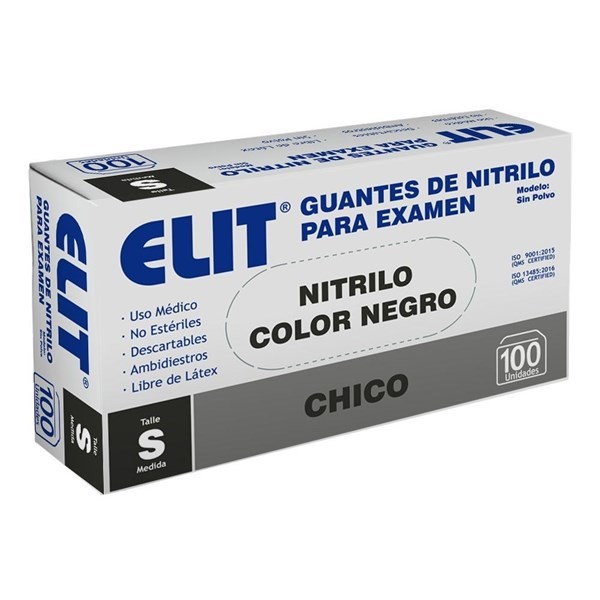 Guantes Examen Nitrilo S/Polvo Chico Negro X100 - Elit