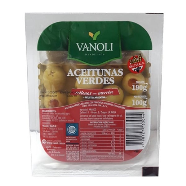 Aceitunas Verdes Rellenas Vanoli 100 G
