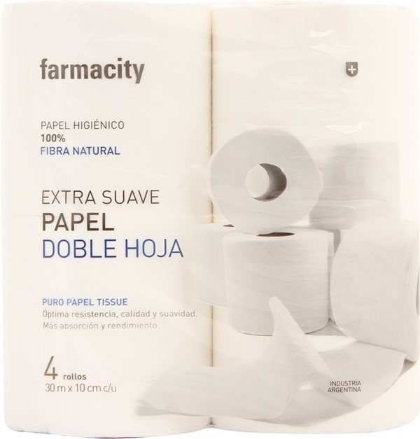 Papel Higiénico Farmacity Extra Suave Doble Hoja x 4 un x 30 m x 10 cm C/U