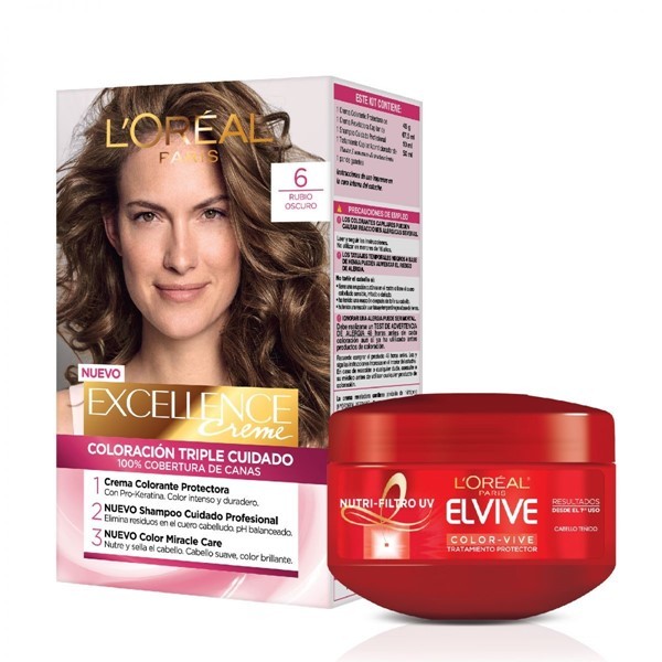 Loreal Paris Combo Tintura Excellence Tono 6 Rubio Oscuro + Crema Tratamiento Elvive Colorvive #1