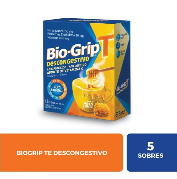 Bio-Grip T | 5 Sobres | Paracetamol + Ácido Ascórbico + Fenilefrina Clorhidrato