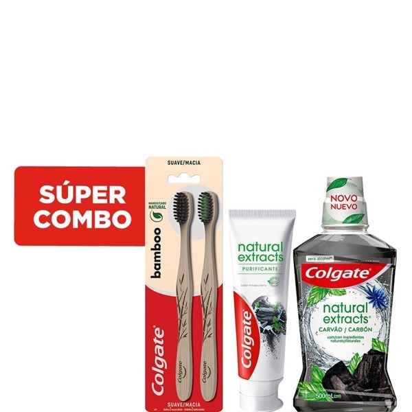 Combo Colgate Pasta Dental Natural x 90 g + Enjuague Bucal Extracts Carbón x 500 ml + Cepillo de Dientes Bamboo Suave x 2 un #1