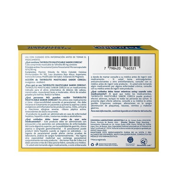 Tafirolito Masticable Cereza | 20 comprimidos masticables | Paracetamol 80 mg alt
